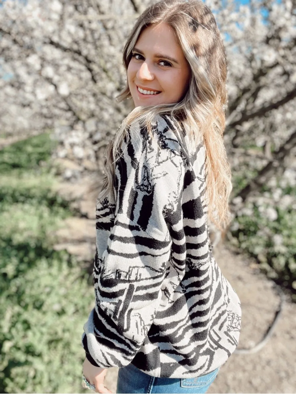 Women's Black & Cream Crew Neck Sweater - Desert Stripe Knit - Picture 5 of 7